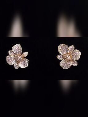 Gold Tone Floral Clear and Pink Pavé Crystal Stud Earrings